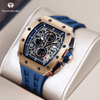 2022 TSAR BOMBA Luxury Mens Watch 50M Dive Watch Stainless Steel Tonneau Design Original Chronograph Stylish Quartz Wristwatch