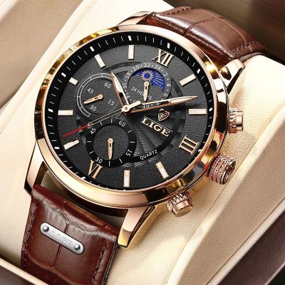 2023 New Mens Watches LIGE Top Brand Luxury Leather Casual Quartz Watch Men’s Sport Waterproof Clock Watch Relogio Masculino+Box