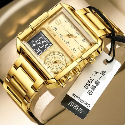 LIGE Luxury Original Men Sports Wrist Watch Gold Quartz Steel Waterproof Dual Display Clock Watches Relogio Masculino For Men