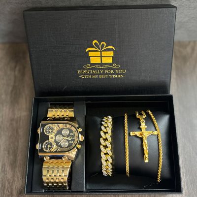 Luxury brand Watch for men gift watch for men Golden Quartz clock Bracelet Necklace Fashion Men Wrist Watch Relogio masculino