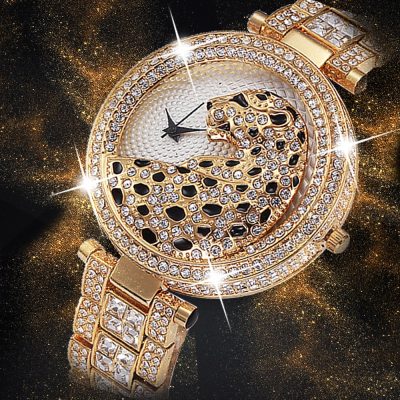 MISSFOX Women Quartz Watch Fashion Bling Casual Ladies Watch Female Quartz Gold Watch Crystal Diamond Leopard For Women Clock