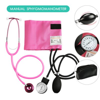 Medical Pink Blood Pressure Monitor BP Cuff Manometer Arm Aneroid Sphygmomanometer with Cute Dual Head Cardiology Stethoscope