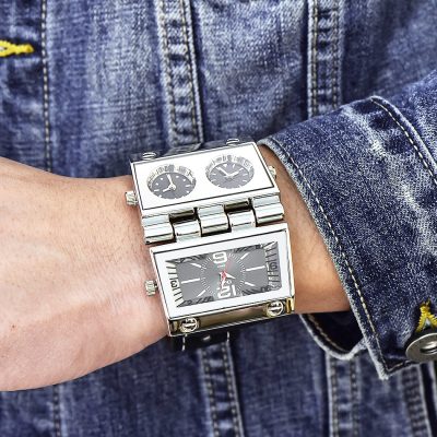 New Men Dual Display Sports Watches Oulm Men Watch Fold Big Size Fashion Outdoor Clock Leather Quartz Watch Relogio Masculino