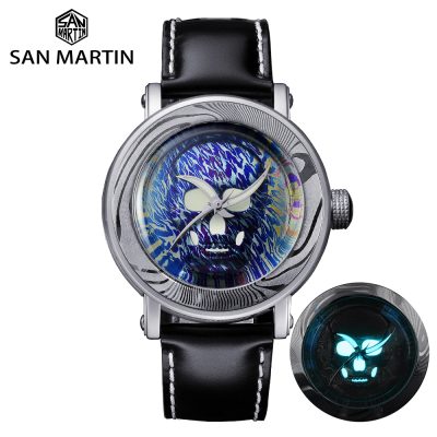 San Martin Men Watch Damascus Steel Luxury Limited Collector’s Edition Skull SW200 Automatic Mechanical See-through Case Back