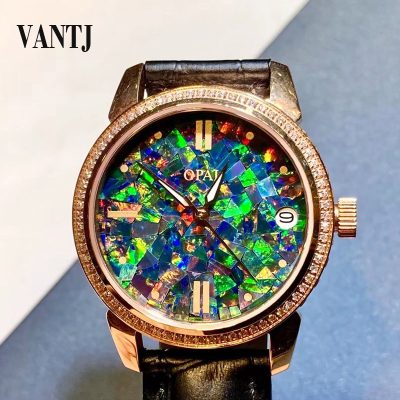 VANTJ Fashion Natural Opal Watch Stainless Steel Sapphire Men Women Watch Party Birthday Gift