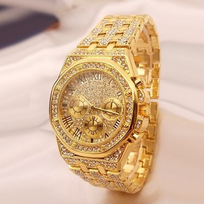 Watches Luxury Business Yellow Gold Watches Men Full Rhinestone Quartz Wristwatches Male Clock