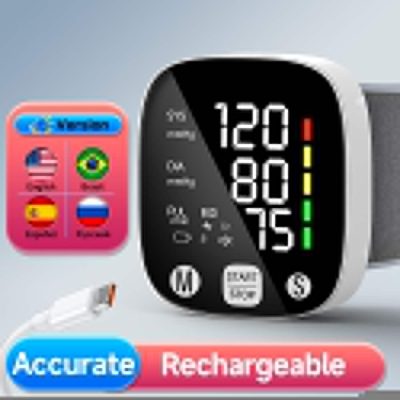 New LED Rechargeable Wrist Blood Pressure Monitor English / Russian / Portuguese / Spanish Voice Broadcast Tonometer BP Monitor